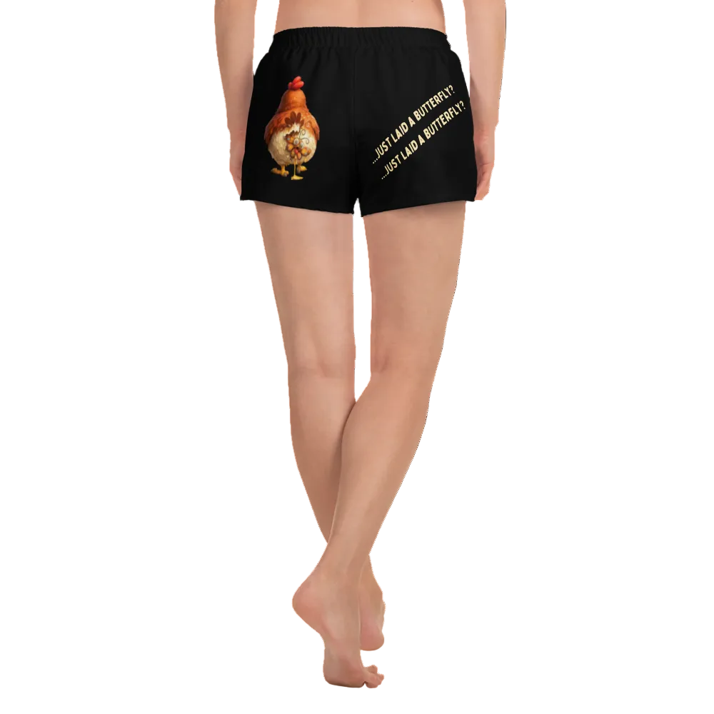 Black shorts with a butterfly graphic and text on a white background