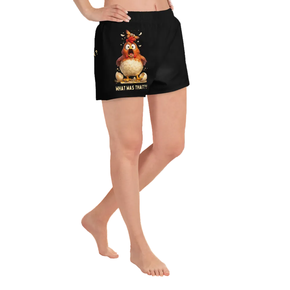 Black shorts with a cartoon rooster design on a white background